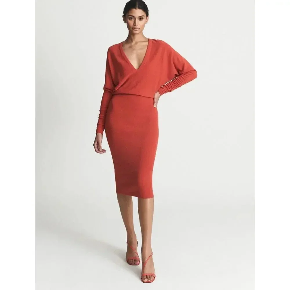 Riess Jenna Sweater Dress Orange Knitted Cashmere Blend Ruched Size M - Picture 2 of 13